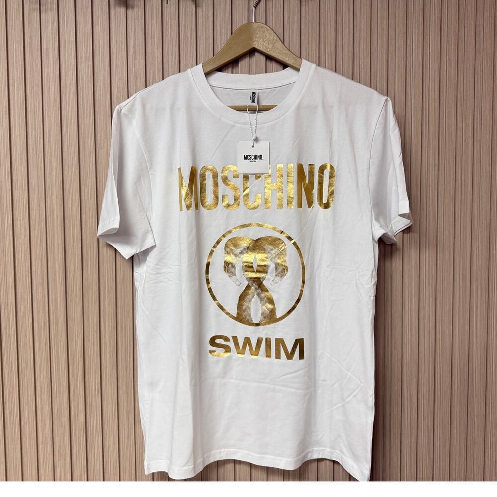 MOSCHINO SWIM Men's Gold Foil Logo T-Shirt in White Sz M